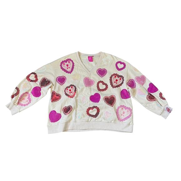 Queen of Sparkles Multi Doily Heart V-neck Sweatshirt - Picture 2 of 12